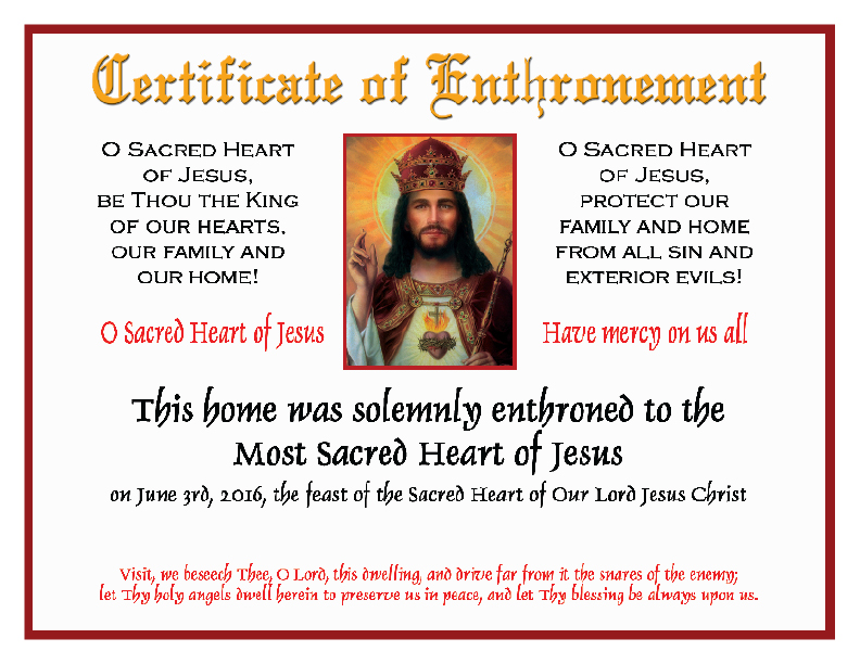 Certificate Of Enthronement To The Sacred Heart prntbl